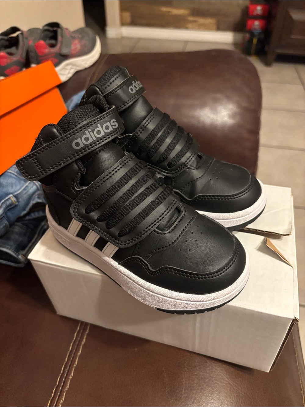 adidas Kids Black & White High-Top Sneakers with Velcro  Straps New without box.